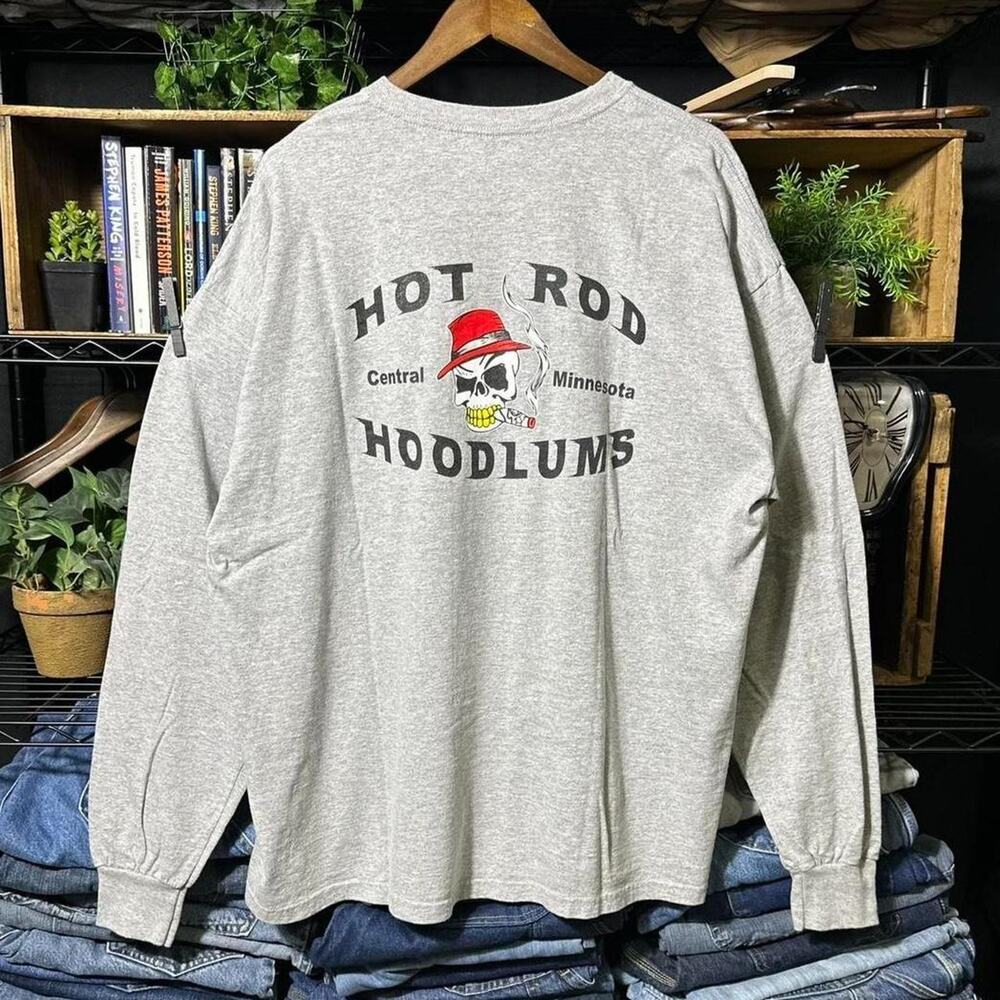 Vintage Y2K Hot Rod Hoodlums Car Show Long Sleeve Tee Shirt Gray Skull Mens 2XL